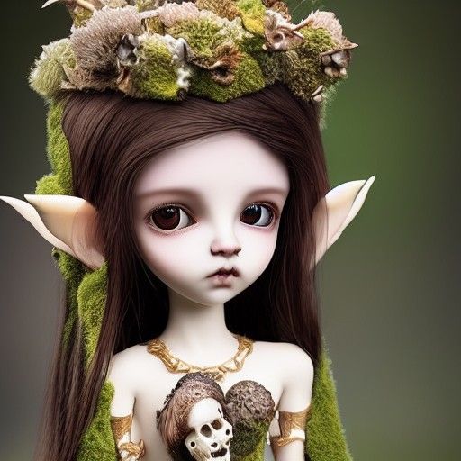 Cherubic Wood Elf Doll with Skull in Ethereal Style