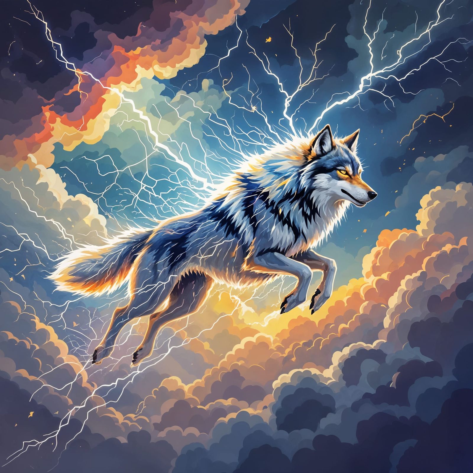 Lightning Wolf in Stormy Sky, Abstract Expressionist Style