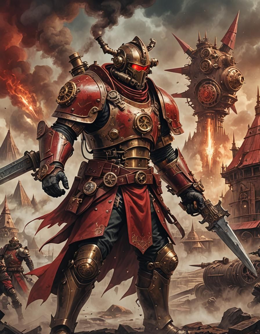 Steampunk Warrior with Steam-Powered Sword on Battlefield