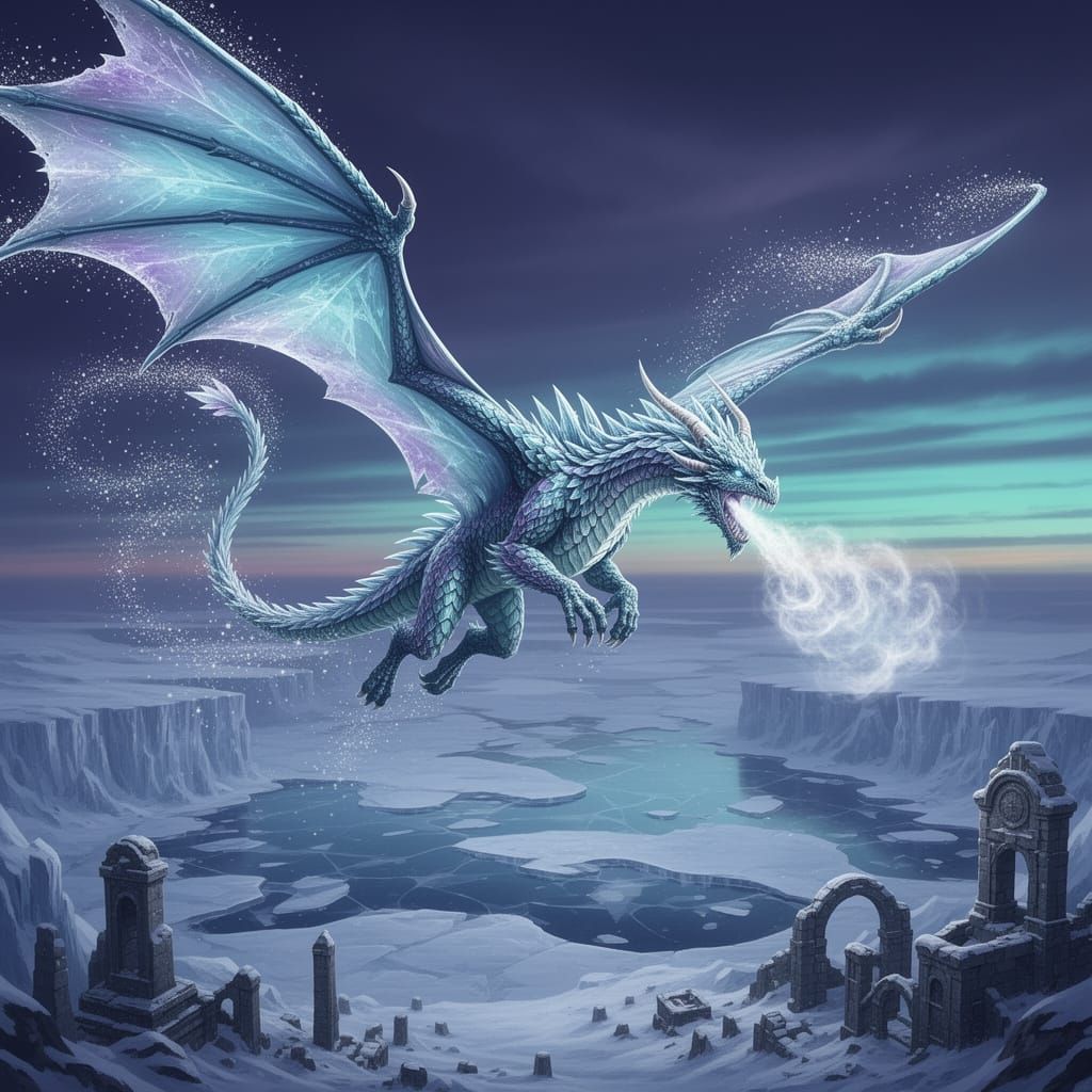Majestic Ice Dragon Soaring Through Frozen Landscape