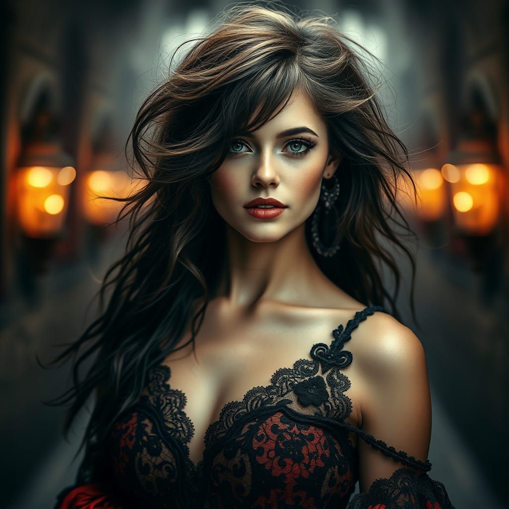 Elegant Gypsy Woman in High-Contrast Cinematic Portrait