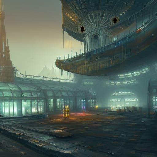 Fantastical Airport at Night: Detailed Matte Painting