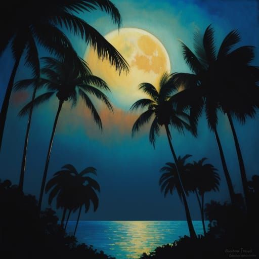 Impressionist Gouache: Palm Tree Grows From Moon