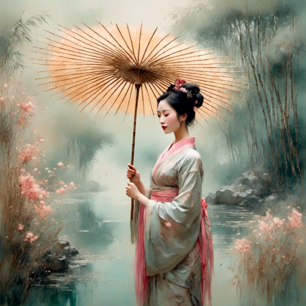 Woman with Bamboo Umbrella in Misty Garden