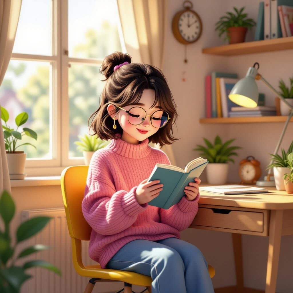 Cute Korean Girl Reading by Window in Pixar Style