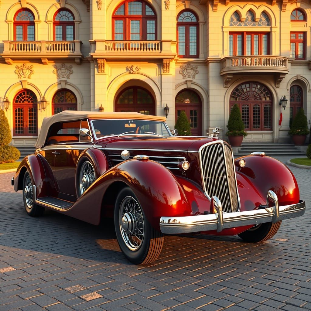1940s Luxury Car at Grand Hotel in Photorealistic Style