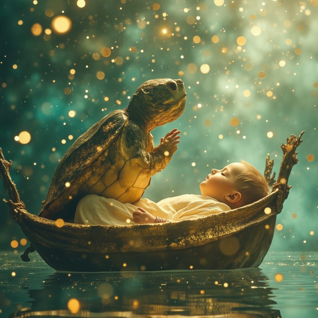 Momma turtle rescues human baby adrift in the swamp