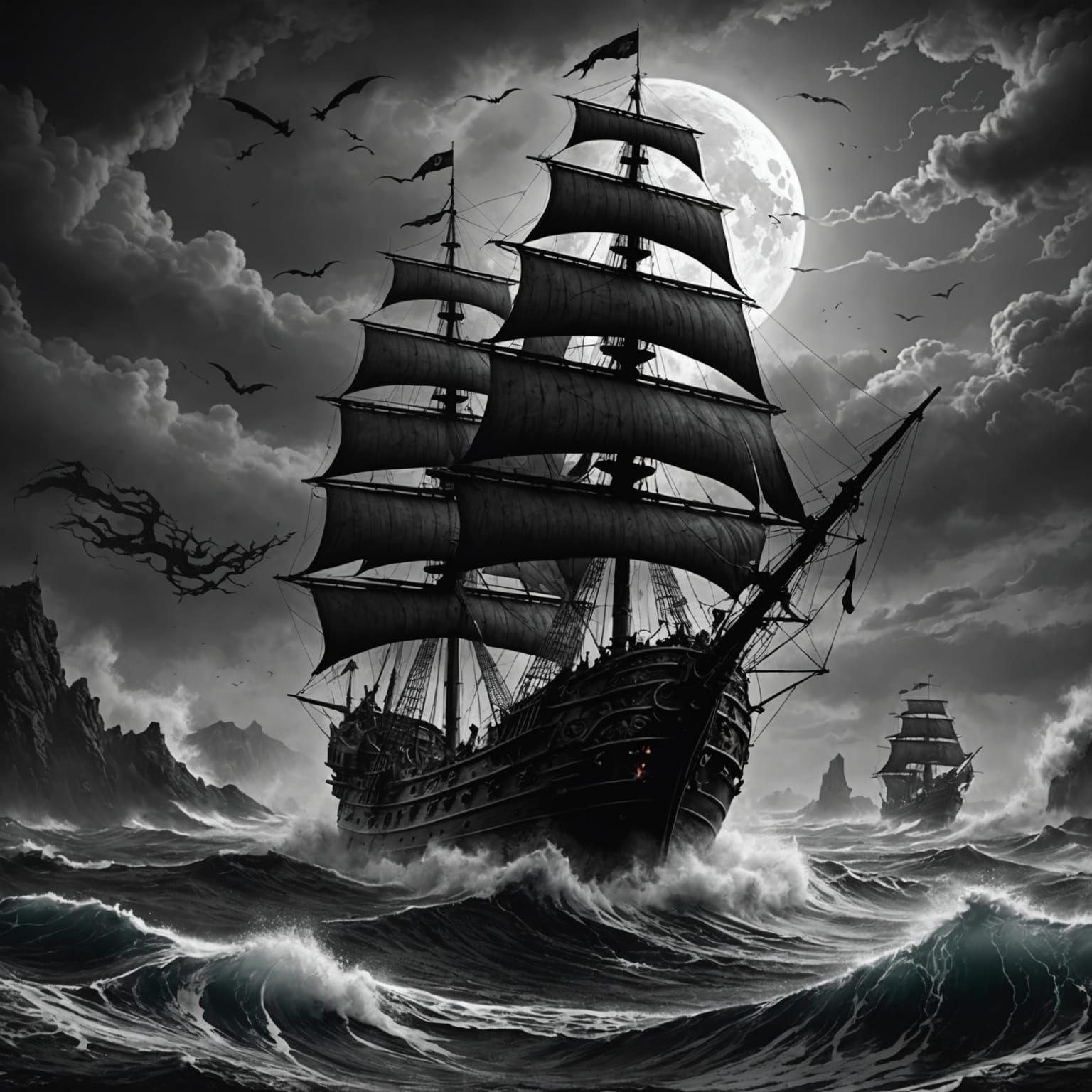 Sinister Galleon at Night in Black Ink Sketch