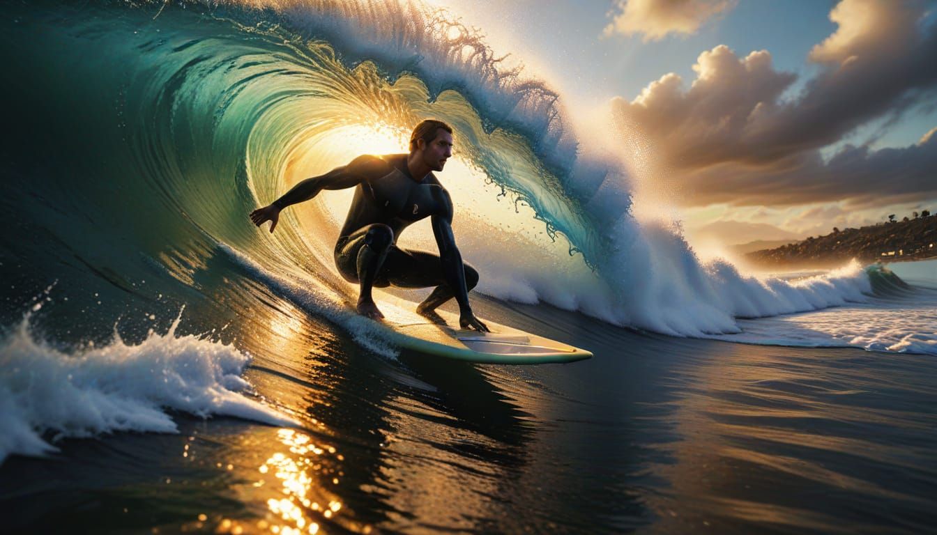 Surfer Rides a Vibrant Wave: Hyperrealistic Concept Art