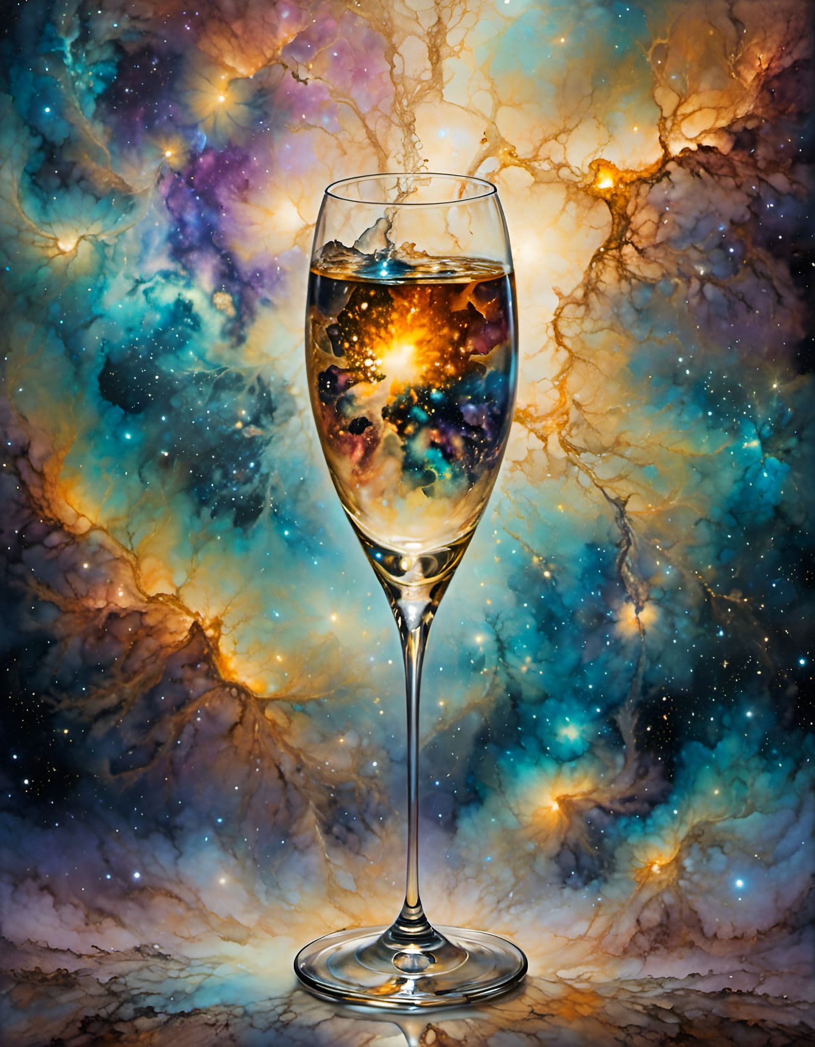 Cosmic Nebula in Champagne Glass, 3D Render