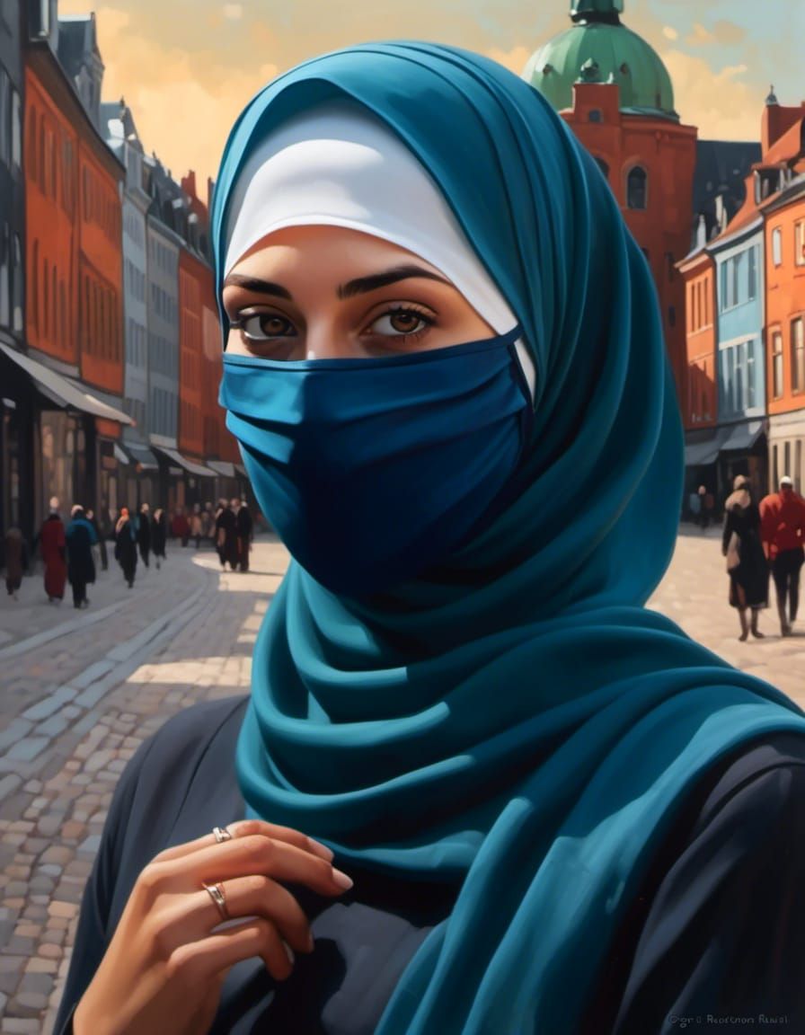 Young Woman in Hijab and Facemask, Oil Painting