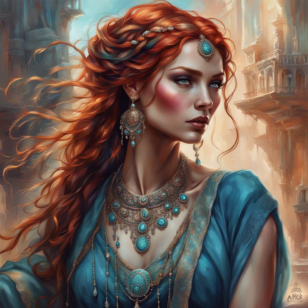 Red-Haired Beauty: Detailed Portrait in Art Nouveau Style
