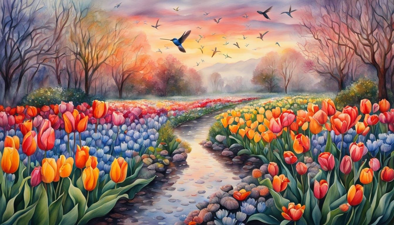 Springtime Garden Blooms in Vibrant Watercolor