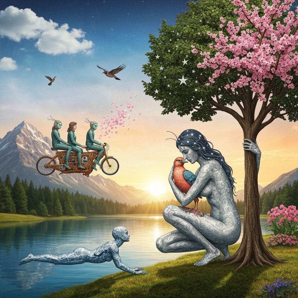 Surreal Mountain Landscape with Bioluminescent Figure