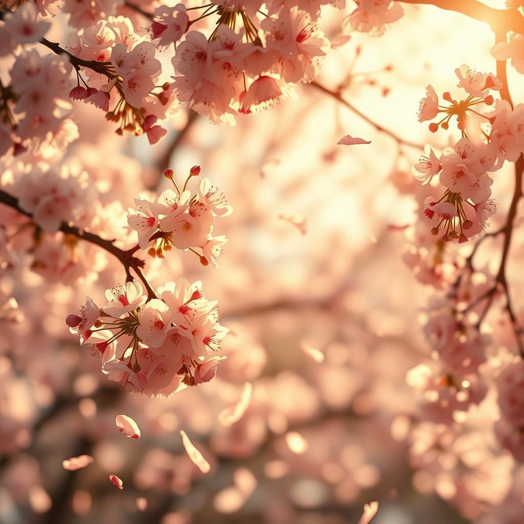 Cherry Blossoms in Golden Sunlight: Hyperrealistic Detail