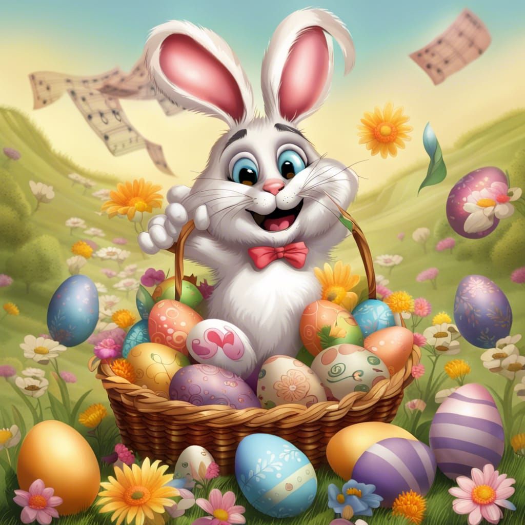 Humorous Easter Bunny with Decorated Eggs