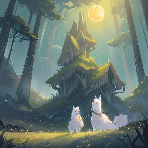 Surreal Harvest Goddess in White Dress with Wolf Tail