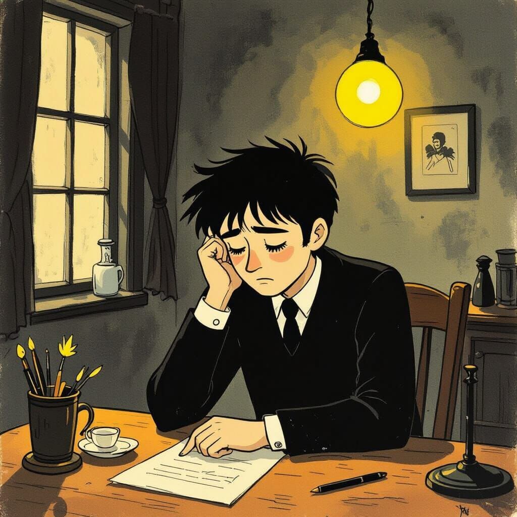 Creepy Cartoon Man in Dark House, Tim Burton Style