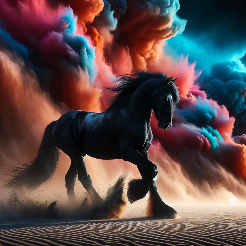 Black Horse in Sandstorm with Colorful Sky