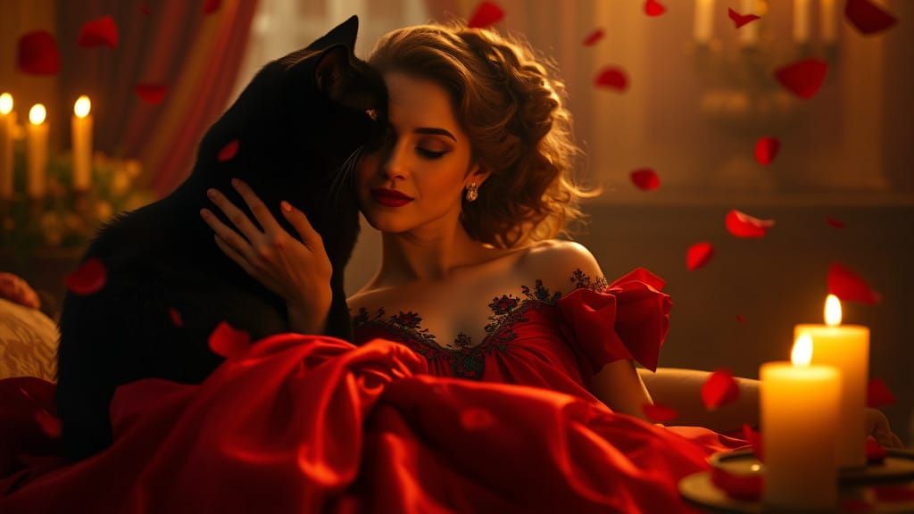 Elegant Whimsy: Victorian Romance with Majestic Cat and Lady