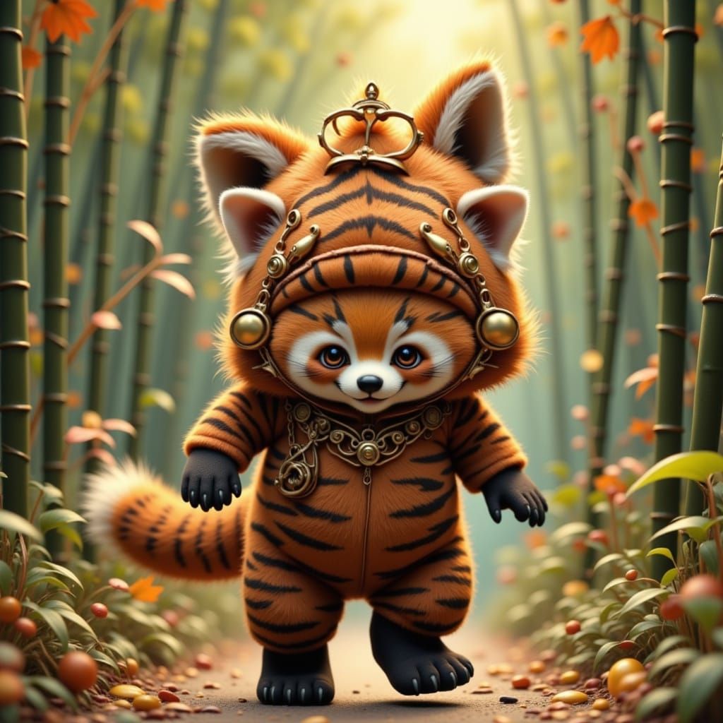 Red Panda in Tiger Costume in Bamboo Forest