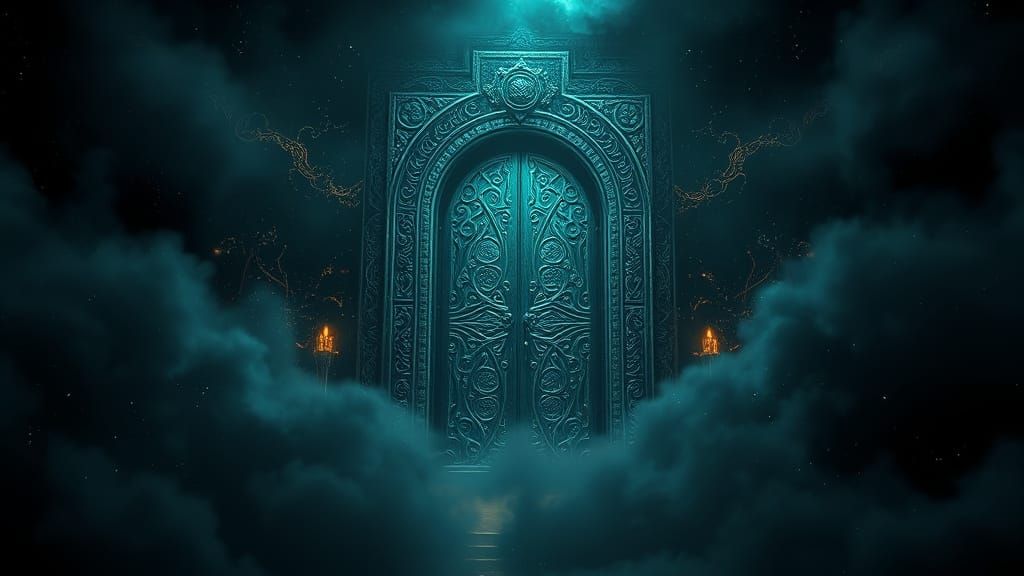 Ancient Magical Portal in Cyberpunk Fog