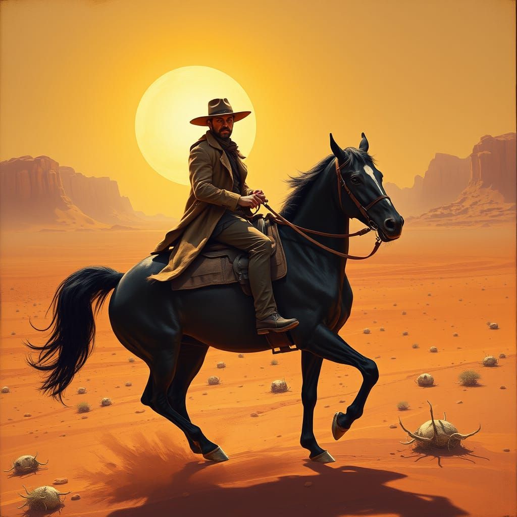 Cowboy Rides Through Desert Landscape in Sci-Fi Style