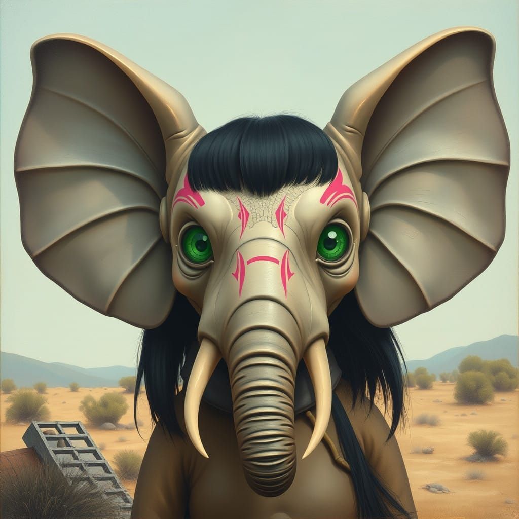 elephant-like humanoid, surreal creature, outdoor background...