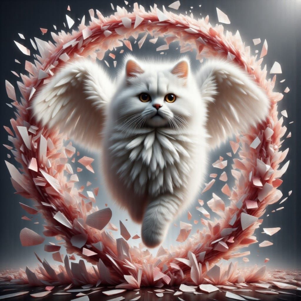 Winged Kitten Leaping Through Cosmos Field