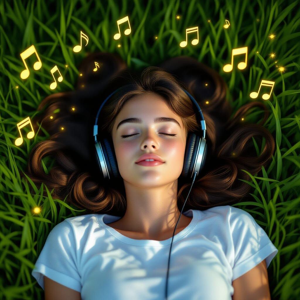 Teenage Girl Relaxing with Music in a Firefly Meadow