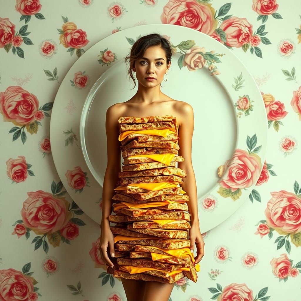 Woman in a Grilled Cheese Gown Amidst a Painted Plate Backgr...