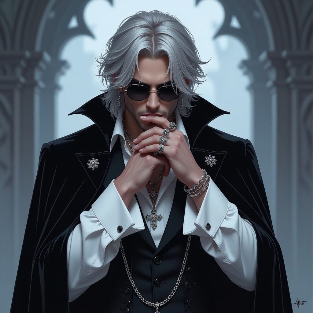 Gothic Monk Silhouette with Silver Hair