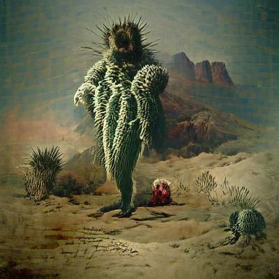 Terrifying Cactus Monster in Desert Landscape