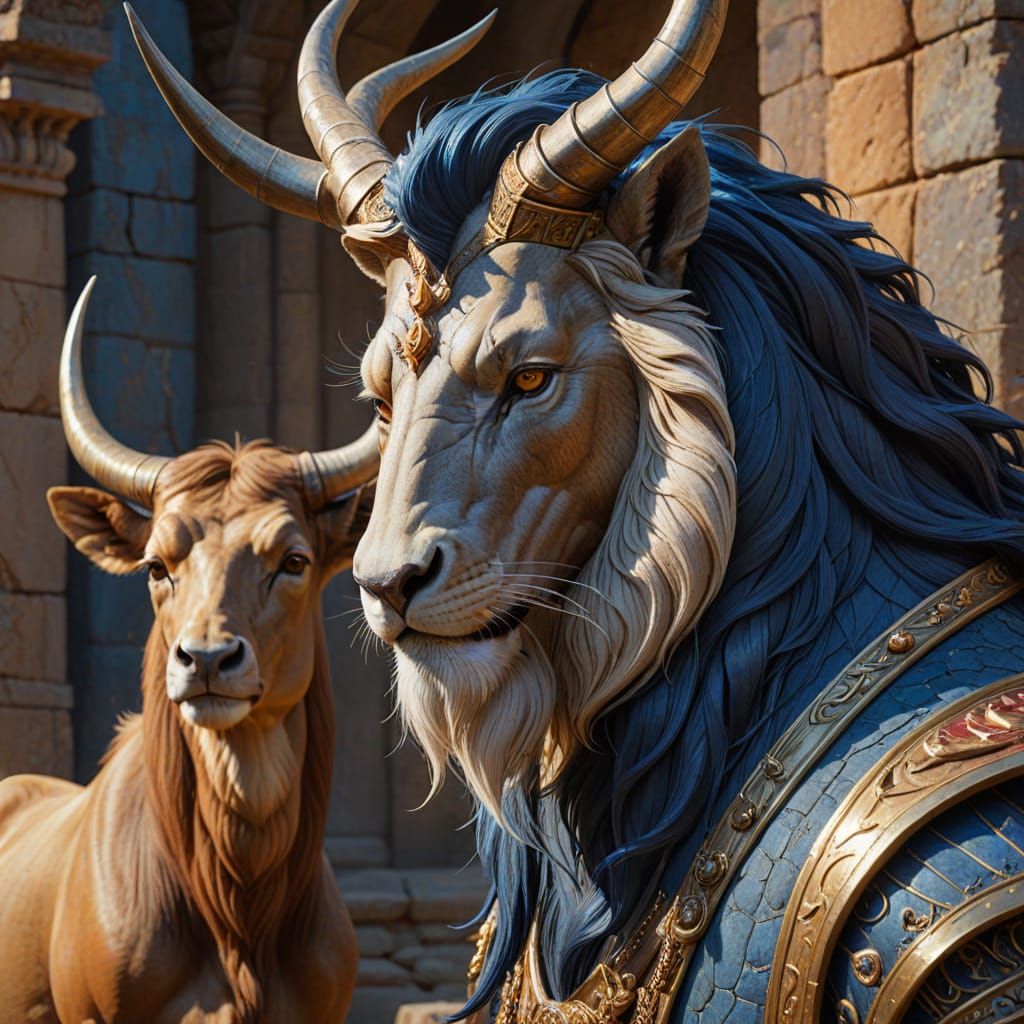 Regal King with Majestic Horns in a Stone Throne Room