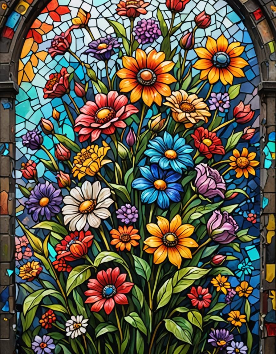 Stained Glass Flower Bouquet in Street Art Style