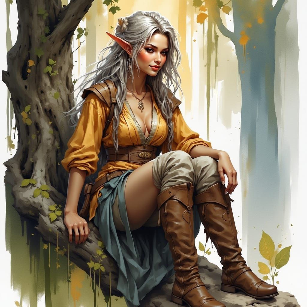 Content Elf in Sunlit Forest, Impressionistic Watercolor