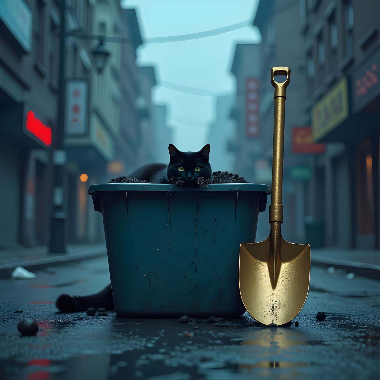 Giant Litter Box and Golden Shovel in Dystopian City