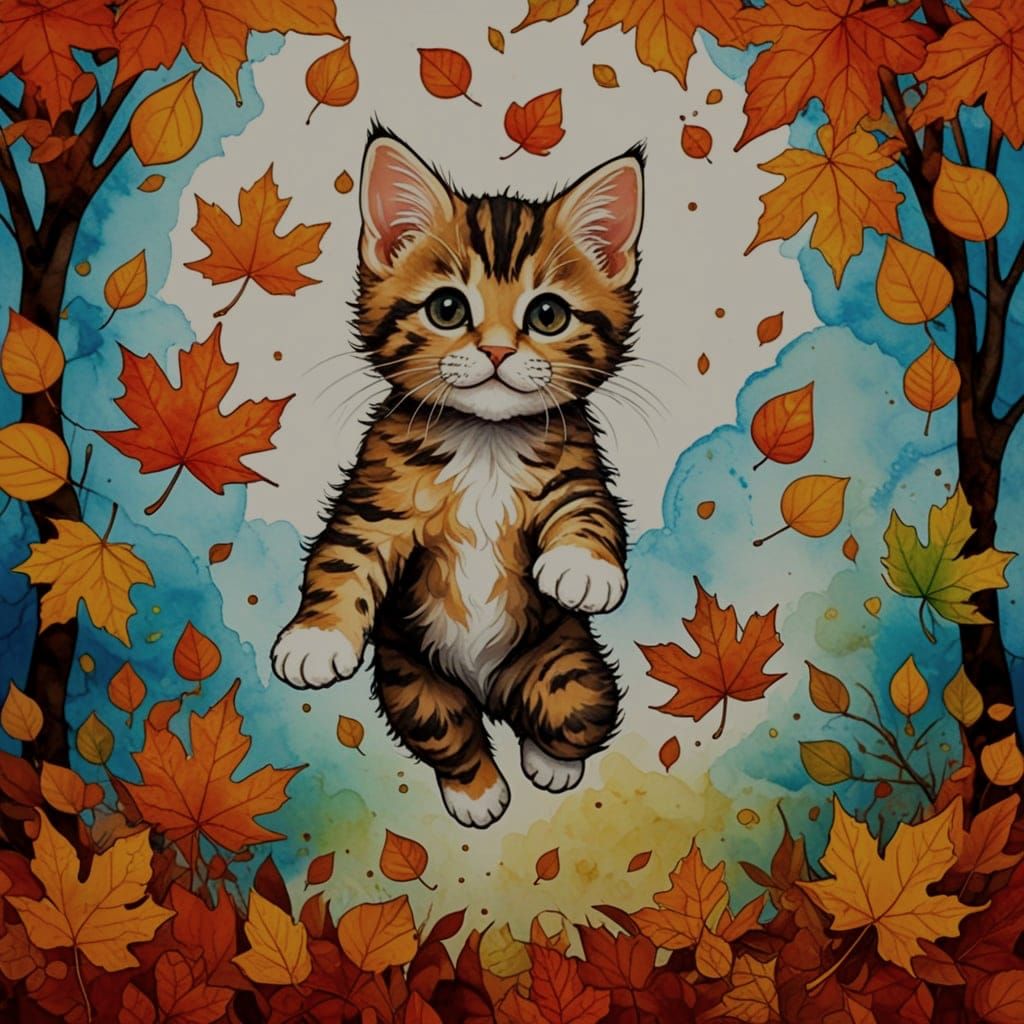 Adorable Kitten Leaping Among Stained Glass Autumn Leaves