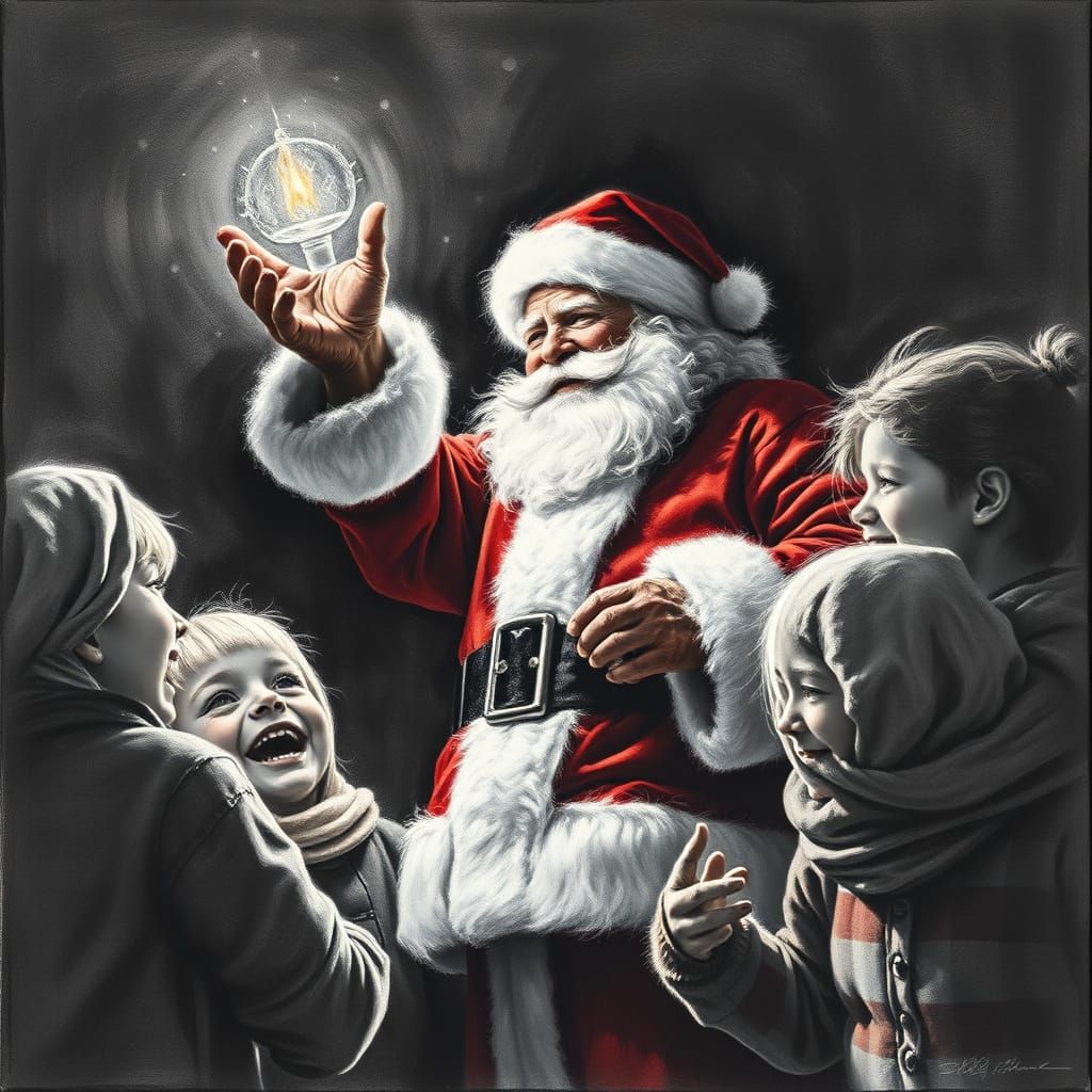 Santa Surprises Children in Dramatic Charcoal Drawing