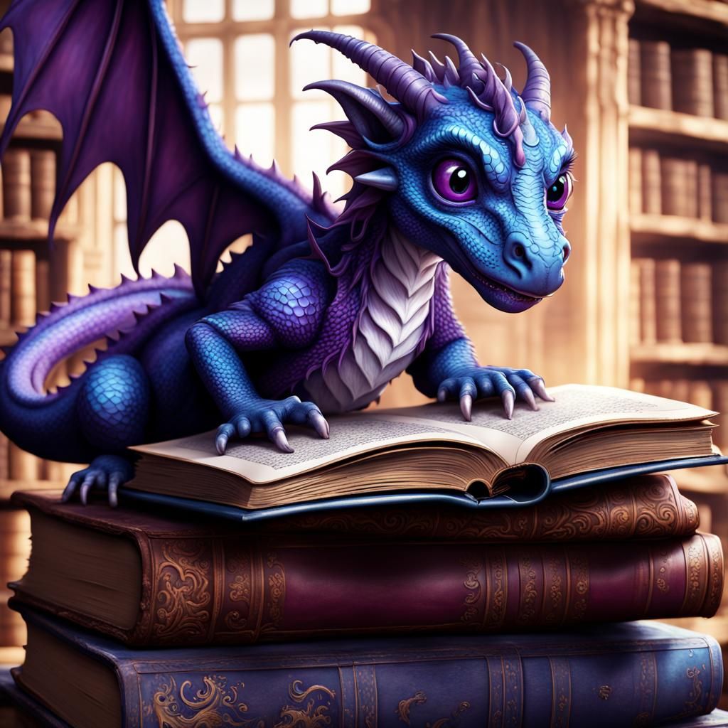 Adorable Dragon Cub in Wizard Library, Detailed Matte Painti...