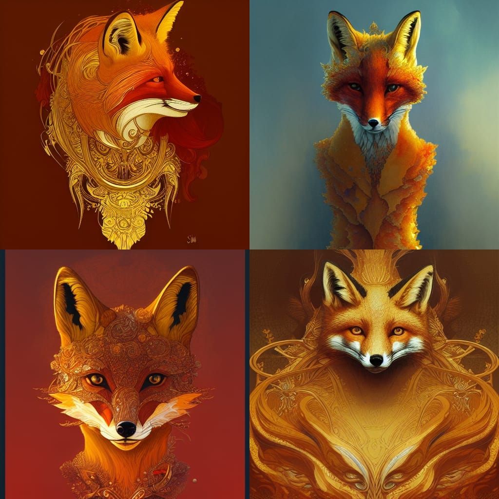 Golden Blood Fox: Detailed Digital Art Nouveau Painting