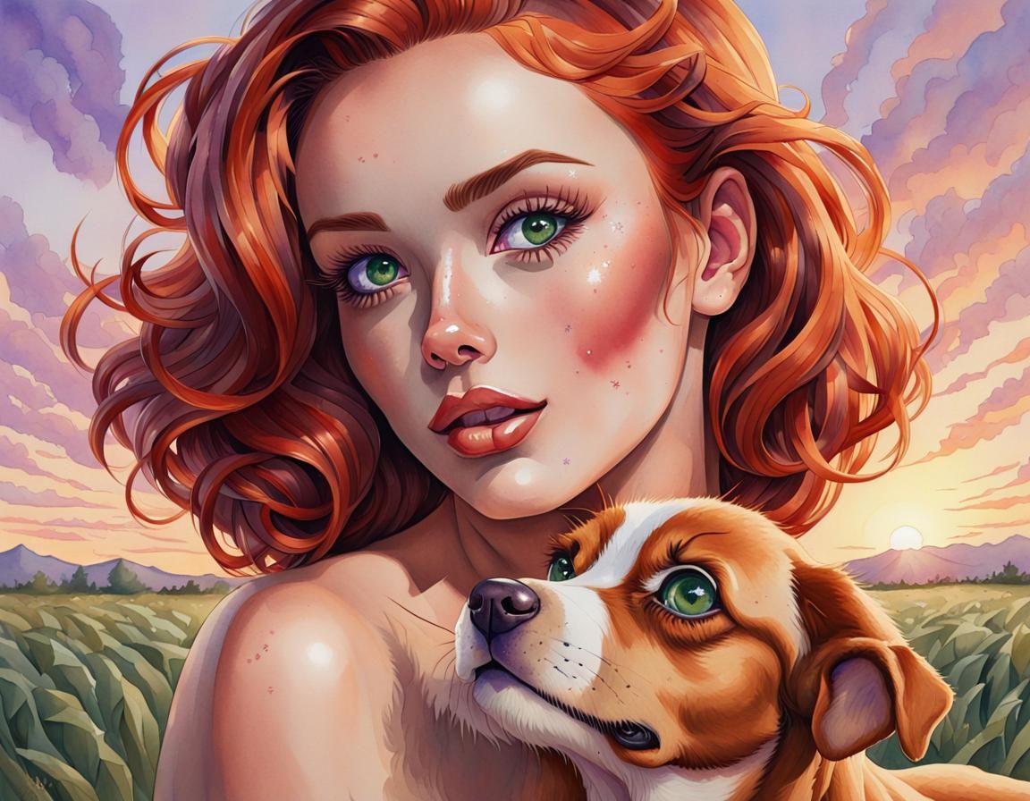 Watercolor Portrait of Woman with Dog in Lavender Field