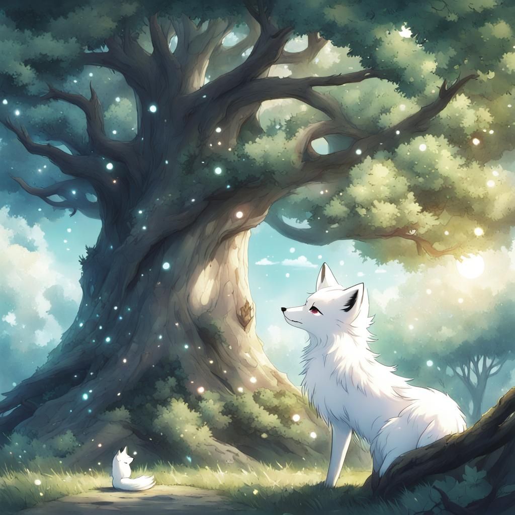 Magical Tree with White Fox in Anime Style