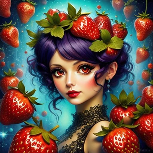 Chibi Strawberry Pixie in Alcohol Ink Style