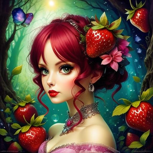 Magical Chibi Strawberry Pixie in Alcohol Ink Style