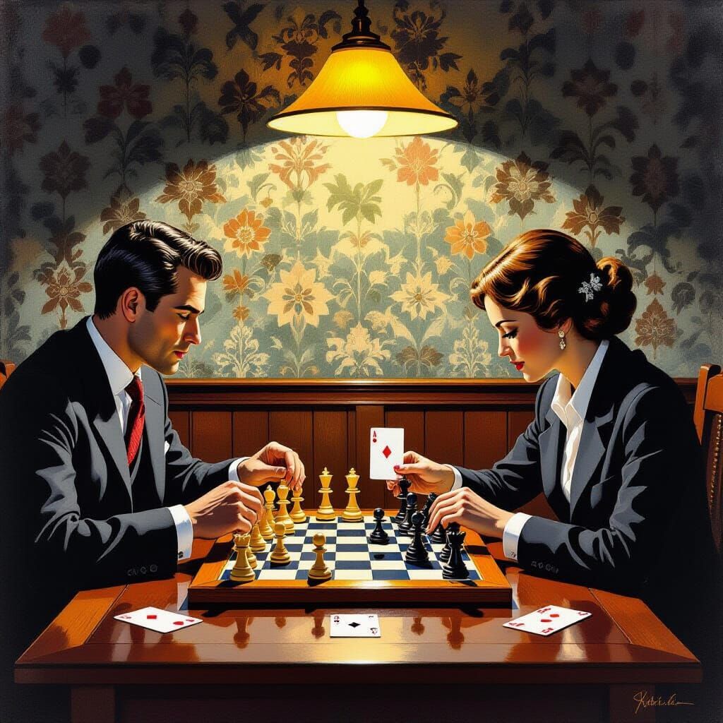 Gouache Painting of Simultaneous Chess and Bridge Games