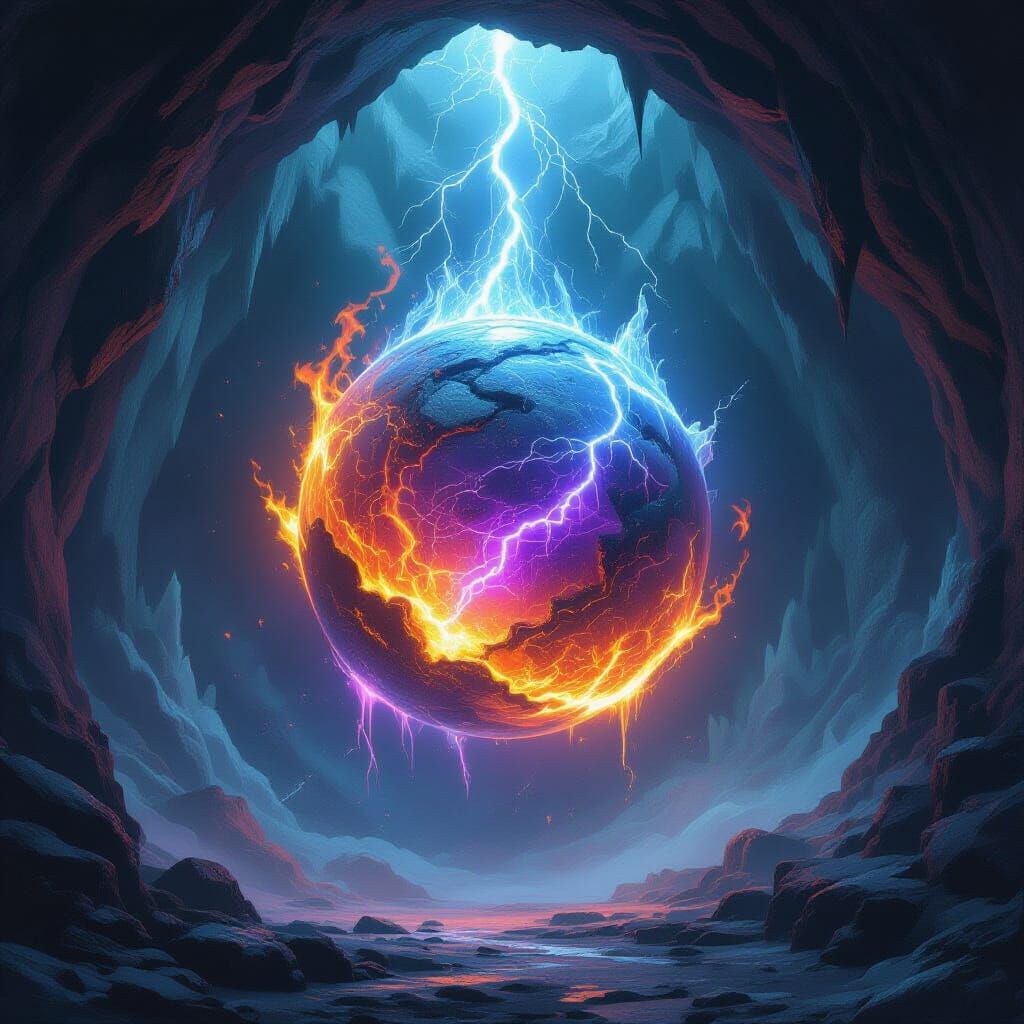 Glowing Orb of Elements in Ancient Cave