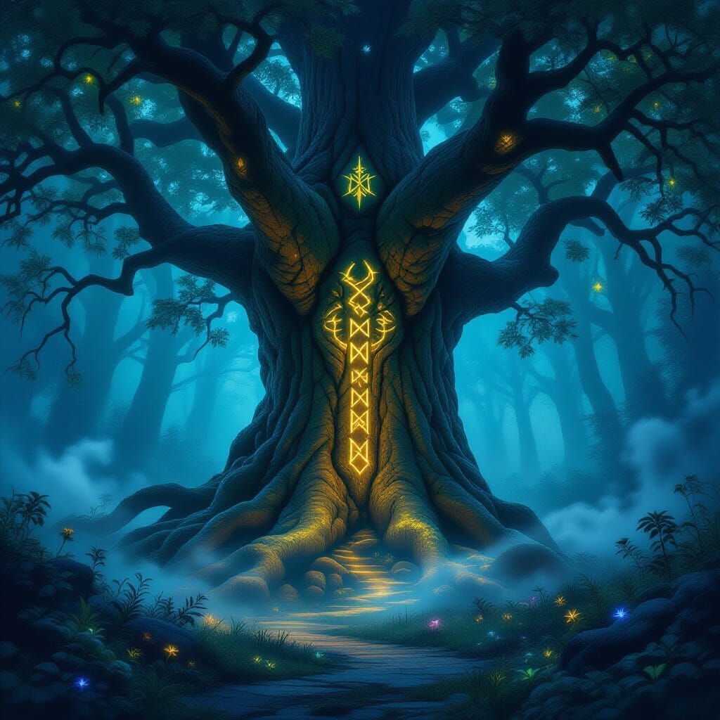 Ancient Tree with Glowing Runes in Mystical Forest