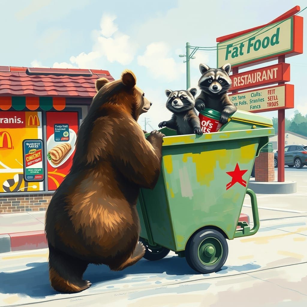 Bear Steals Dumpster from Restaurant: Gouache Watercolor Art