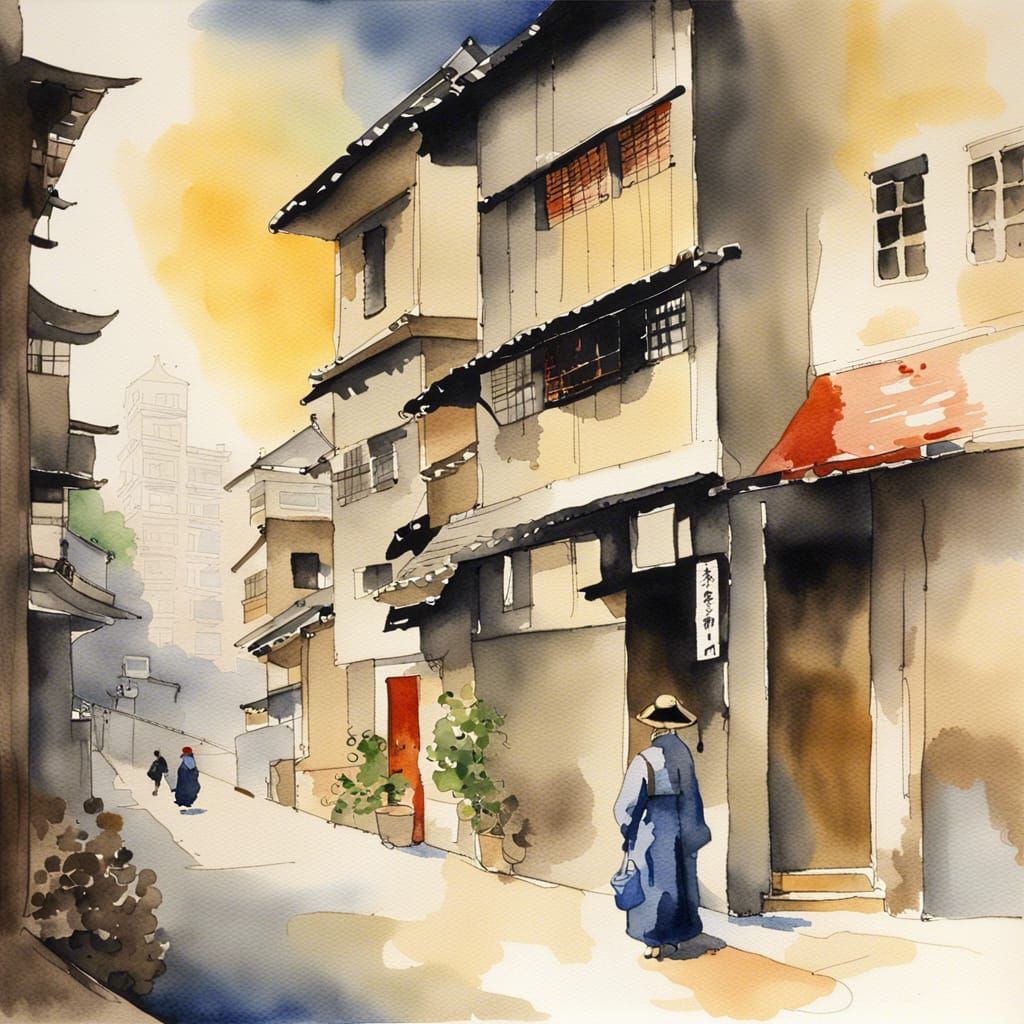 Tokyo Downtown Watercolor Painting in Vermeer Style